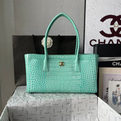 CHANEL 26S CERF TOTE BAG 39 IN MINT GREEN CALFSKIN CROCODILE EMBOSSED GOLD HARDWARE