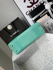 CHANEL 26S CERF TOTE BAG 39 IN MINT GREEN CALFSKIN CROCODILE EMBOSSED GOLD HARDWARE