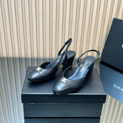 CHANEL 25S SLINGBACK SHOE LOGO 65MM IN BLACK CALFSKIN GOLD HARDWARE
