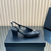 CHANEL 25S SLINGBACK SHOE LOGO 65MM IN BLACK CALFSKIN GOLD HARDWRE