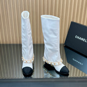 CHANEL 25S KNEE-HIGH HEELED BOOTS 65MM IN WHITE CALFSKIN GOLD HARDWARE