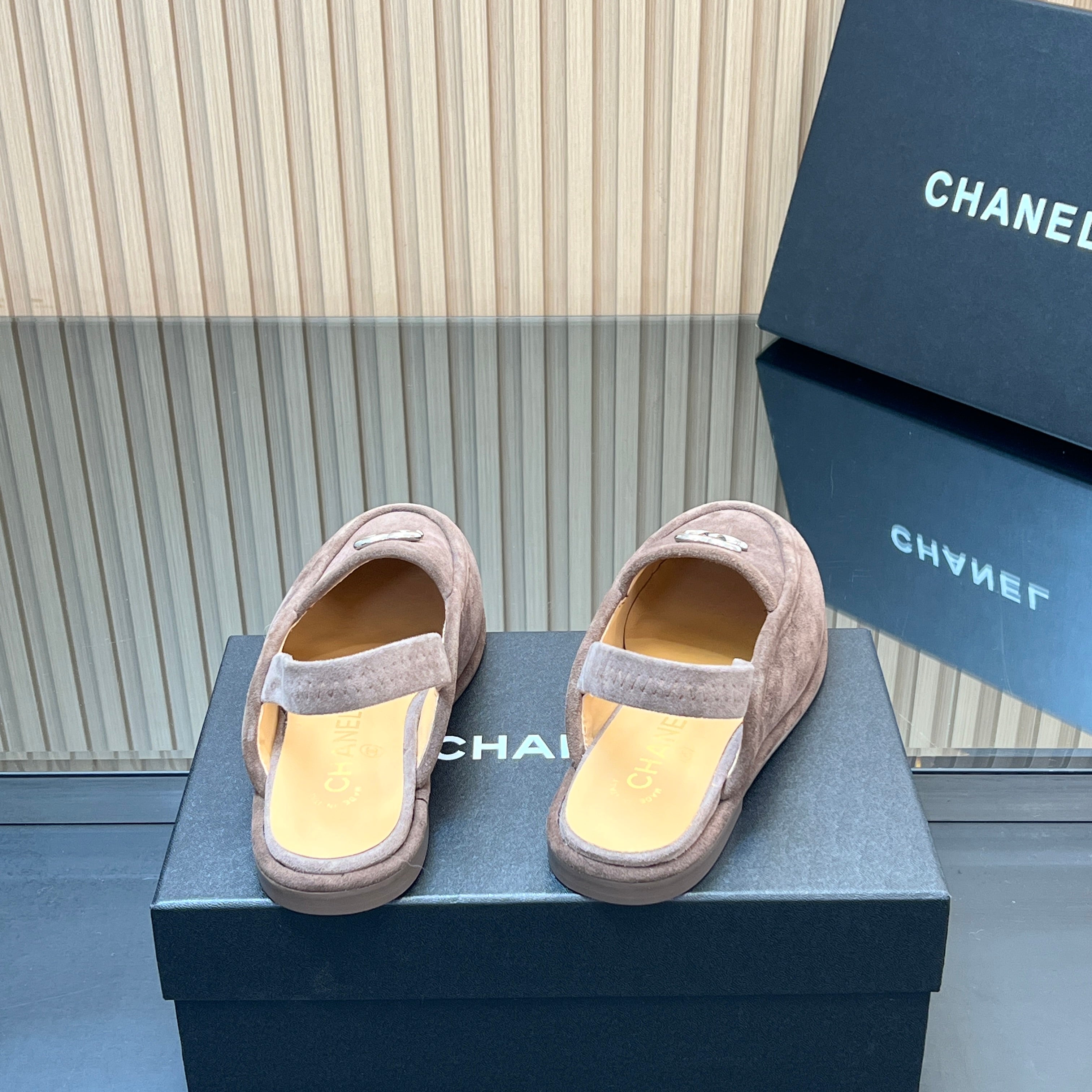 CHANEL 25S BACK STRAP MULE 15MM IN TAUPE GRAY SUEDE SILVER HARDWARE