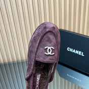 CHANEL 25S BACK STRAP MULE 15MM IN DARK PURPLE SUEDE AND WOOL GOLD HARDWARE