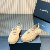 CHANEL 25S BACK STRAP MULE 15MM IN LIGHT BROWN SUEDE AND WOOL SILVER HARDWARE