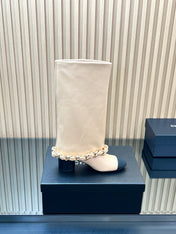 CHANEL 25S HIGH BOOTS 65MM IN BEIGE CALFSKIN GOLD HARDWRE