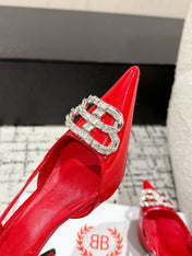 POINTED HIGH SLINGBACK IN RED PATENT CALFSKIN WITH CRYSTAL BUCKLE