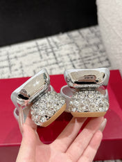 ROGER VIVIER 25S CRYSTAL HEEL MULE IN SILVER CALFSKIN