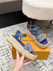 LV PLATFORM ESPADRILLE SANDALS 25S IN DARK BLUE FABRIC