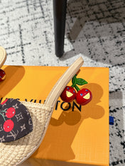 LV CHERRY HIGH HEELS 25S IN BEIGE RAFFIA WITH BOW STYLE 13