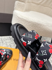 LV TWO-STRAP SLIDES 25S IN BLACK FABRIC AND CALFSKIN