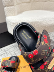 LV TWO-STRAP SLIDES 25S IN BROWN FABRIC AND BLACK CALFSKIN