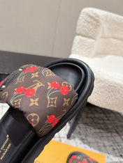 LV MIAMI-STYLE SANDALS 25S IN BROWN FABRIC AND BLACK CALFSKIN