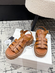 PRADA 25S FISHERMAN OPEN TOE SANDALS IN BURNT ORANGE CALFSKIN