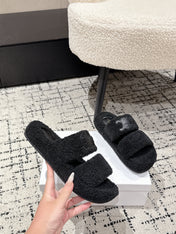 CELINE 25S SLIDES TRIOMPHE IN BLACK SPONGE FABRIC
