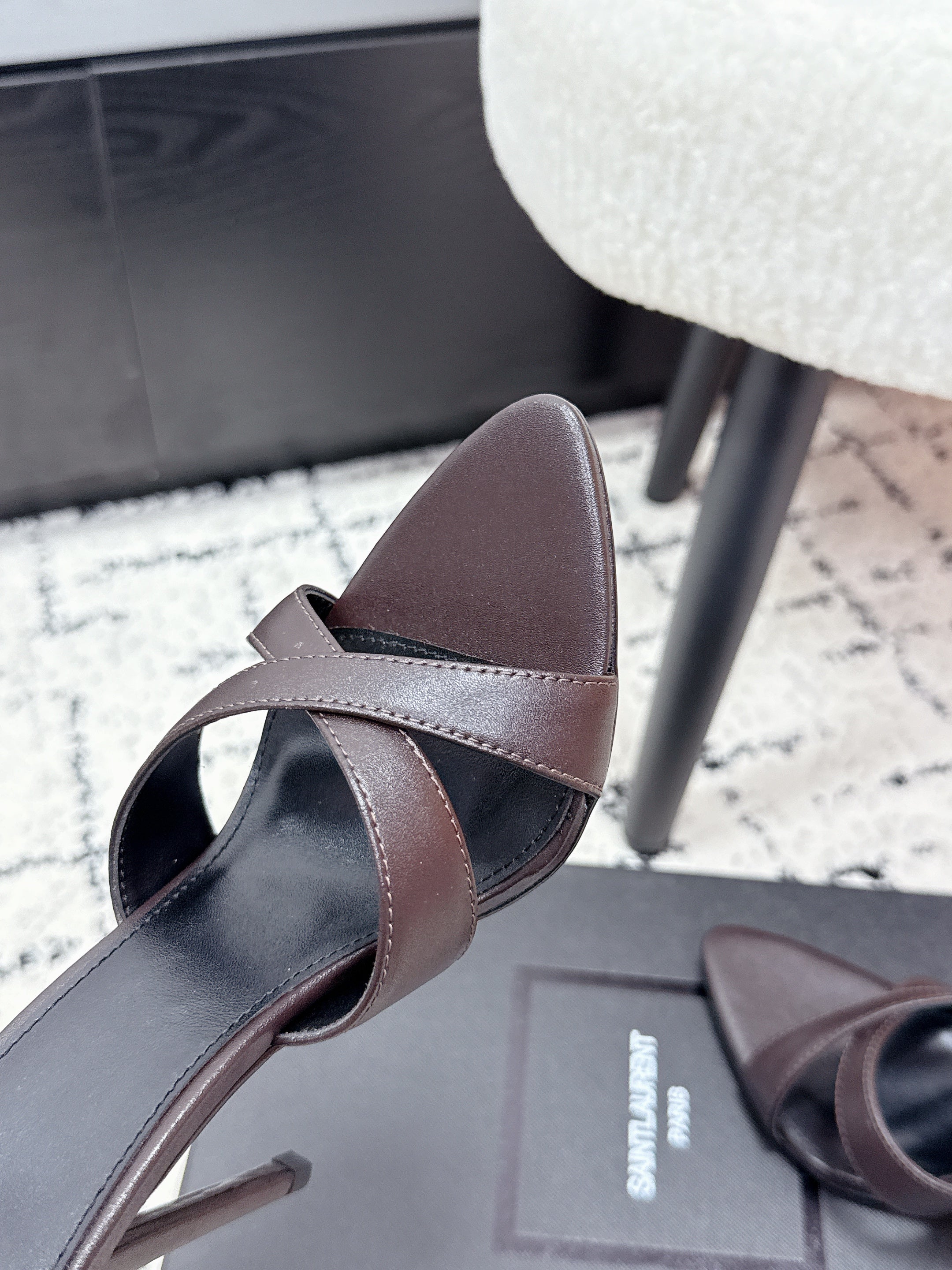 YSL 26S HEELED SANDALS 95 MM IN WINE BROWN CALFSKIN WITH CROSS STRAP