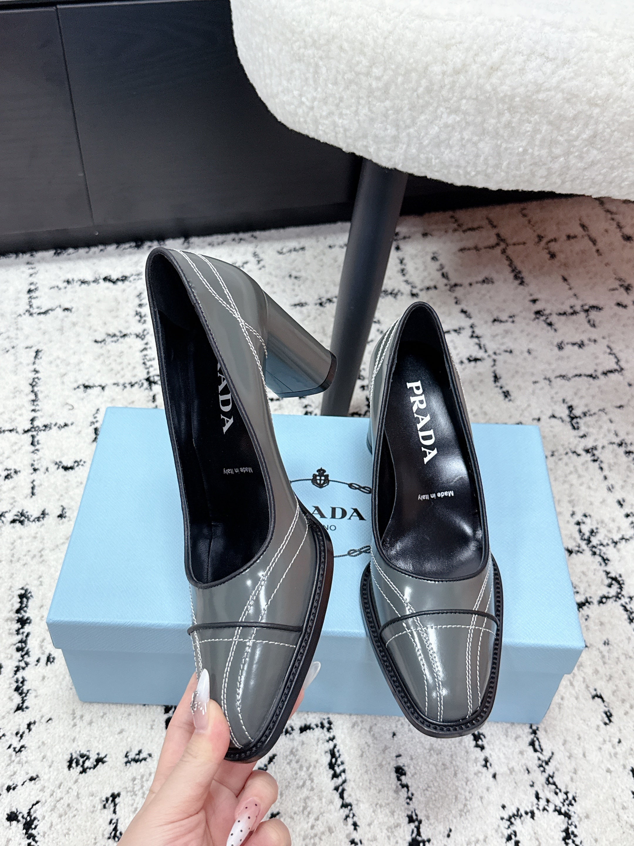 PRADA 26S BOWLING-STYLE HIGH HEELS 70MM IN STEEL GRAY GLOSSY CALFSKIN