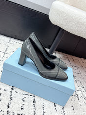 PRADA 26S BOWLING-STYLE HIGH HEELS 70MM IN STEEL GRAY GLOSSY CALFSKIN