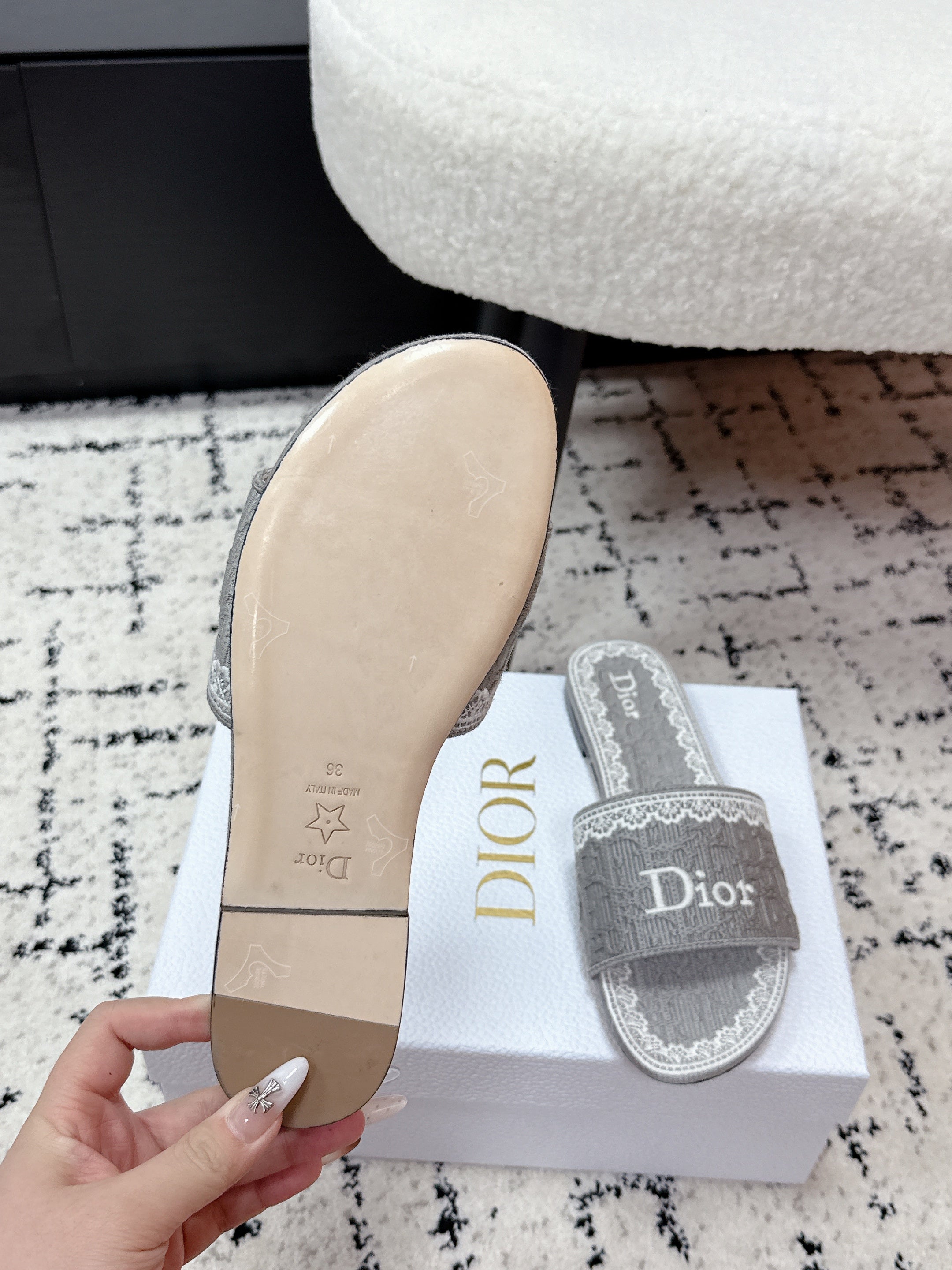 DIOR 26S SLIDES IN GREY EMBOSSED OBLIQUE LACE EMBROIDERY