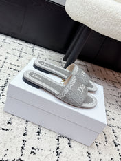 DIOR 26S SLIDES IN GREY EMBOSSED OBLIQUE LACE EMBROIDERY