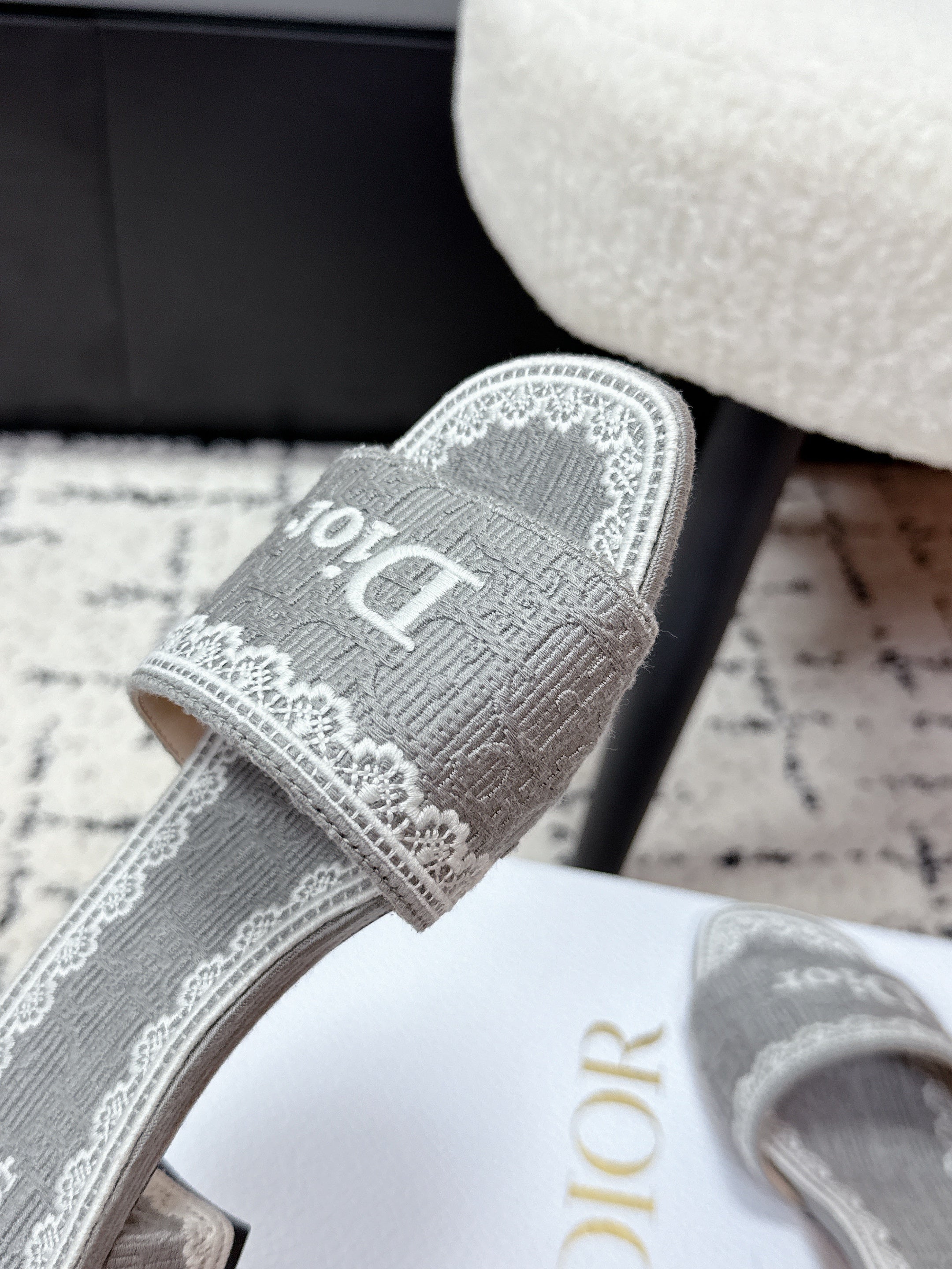 DIOR 26S HIGH HEEL SLIDES IN GREY EMBOSSED OBLIQUE LACE EMBROIDERY
