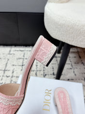 DIOR 26S HIGH HEEL SLIDES IN LIGHT PINK EMBOSSED OBLIQUE LACE EMBROIDERY