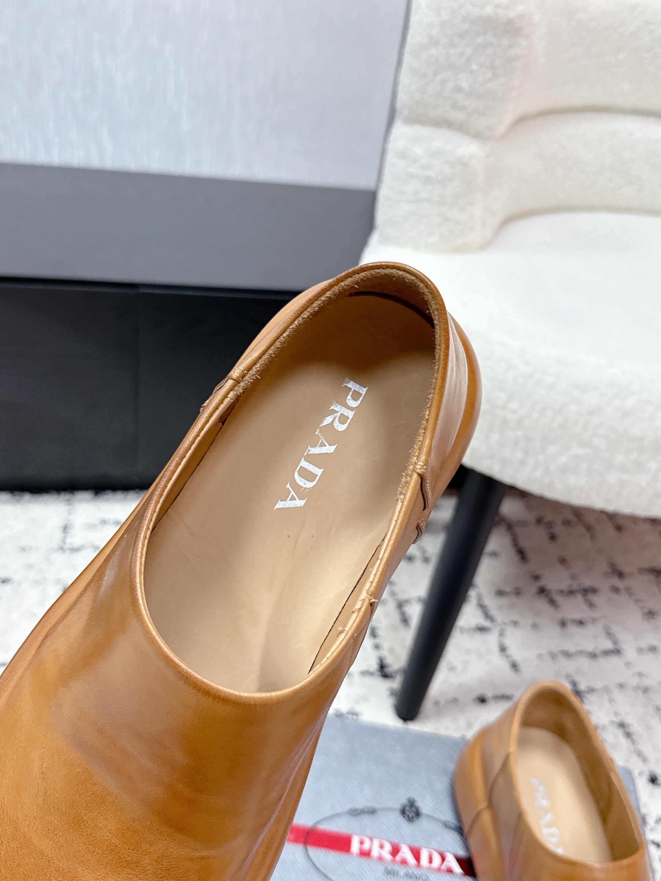 PRADA 26S SLIP ON SHOES IN WARM BROWN SMOOTH CALFSKIN