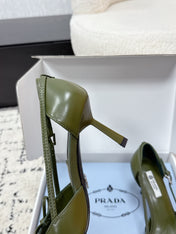 PRADA 26S POINTED-TOE HIGH HEELS 75MM IN DARK OLIVE GREEN CALFSKIN WITH BOW