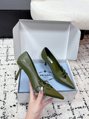 PRADA 26S POINTED-TOE HIGH HEELS 75MM IN DARK OLIVE GREEN CALFSKIN