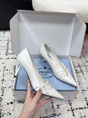 PRADA 26S POINTED-TOE HIGH HEELS 75MM IN CREAM WHITE CALFSKIN