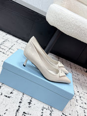 PRADA 26S POINTED-TOE HIGH HEELS 60MM IN CREAM WHITE PATENT CALFSKIN WITH LOGO