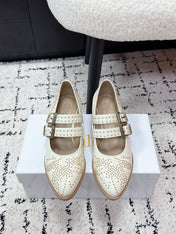 CHLOÉ 26S METAL STUD SHOES IN CREAM WHITE CALFSKIN