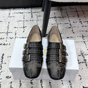 CHLOÉ 26S FLAT SHOES IN BLACK CALFSKIN WITH METAL STUDS