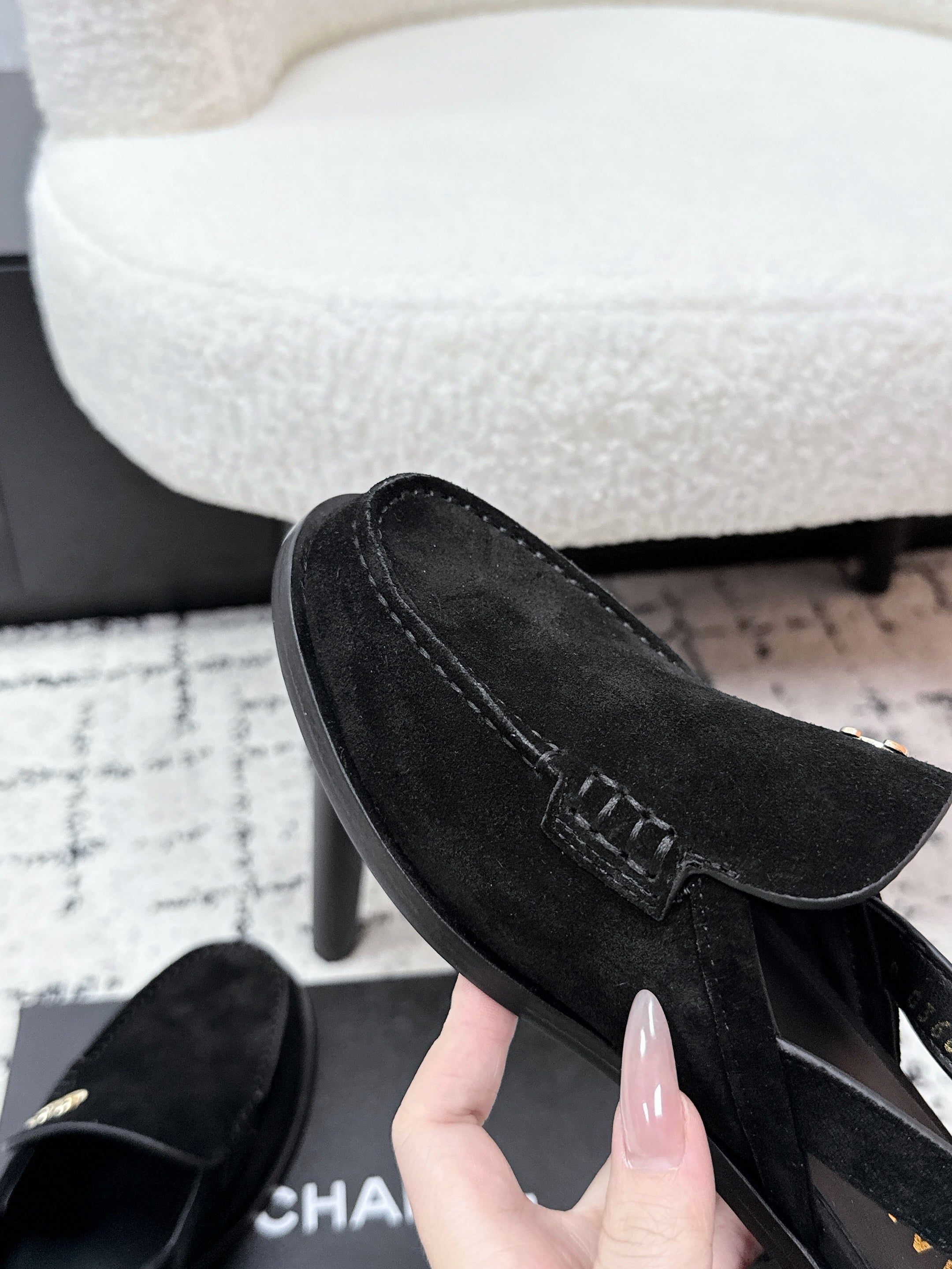 CHANEL 26S SLINGBACK LOAFERS IN BLACK SUEDE WITH CC LOGO