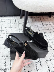 CHANEL 26S SLINGBACK LOAFERS IN BLACK SUEDE WITH CC LOGO