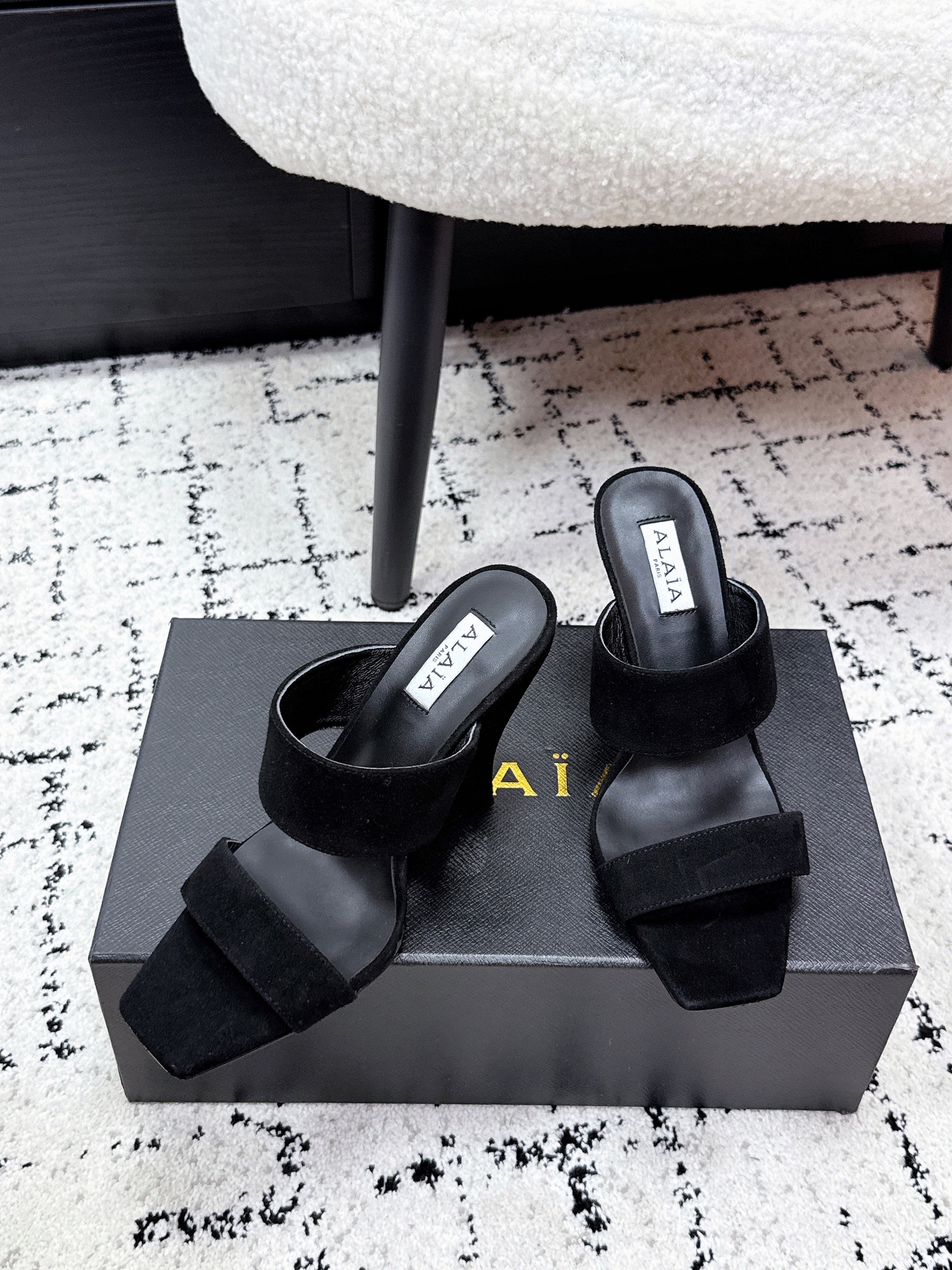 ALAIA 26S DOUBLE STRAP WEDGE SANDALS 110 MM IN BLACK SUEDE