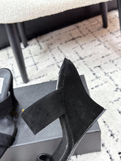 ALAIA 26S DOUBLE STRAP WEDGE SANDALS 95 MM IN BLACK SUEDE