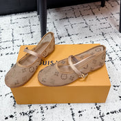 LV 26S MARY JANE FLATS IN LIGHT BROWN EMBROIDERED FABRIC MESH