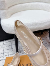 LV 26S MARY JANE FLATS IN BEIGE EMBROIDERED FABRIC MESH