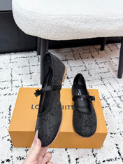 LV 26S MARY JANE FLATS IN BLACK EMBROIDERED FABRIC MESH