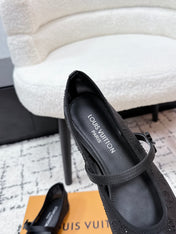 LV 26S MARY JANE FLATS IN BLACK EMBROIDERED FABRIC MESH