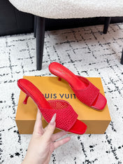 LV 26S 6 AM MULE 55MM IN RED EMBROIDERED FABRIC
