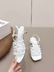 LOEWE 26S SQUARE TOE HEEL SANDALS 50MM IN WHITE CALFSKIN LOGO
