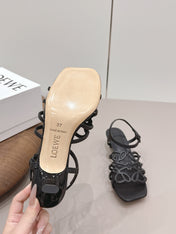 LOEWE 26S SQUARE TOE HEEL SANDALS 50MM IN BLACK CALFSKIN LOGO