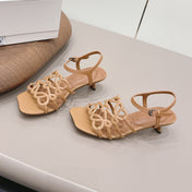 LOEWE 26S SQUARE TOE HEEL SANDALS 50MM IN LIGHT BROWN CALFSKIN LOGO
