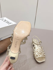 LOEWE 26S SQUARE TOE HEEL SANDALS 50MM IN GOLD CALFSKIN LOGO