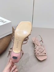 LOEWE 26S SQUARE TOE HEEL SANDALS 50MM IN PINK CALFSKIN LOGO