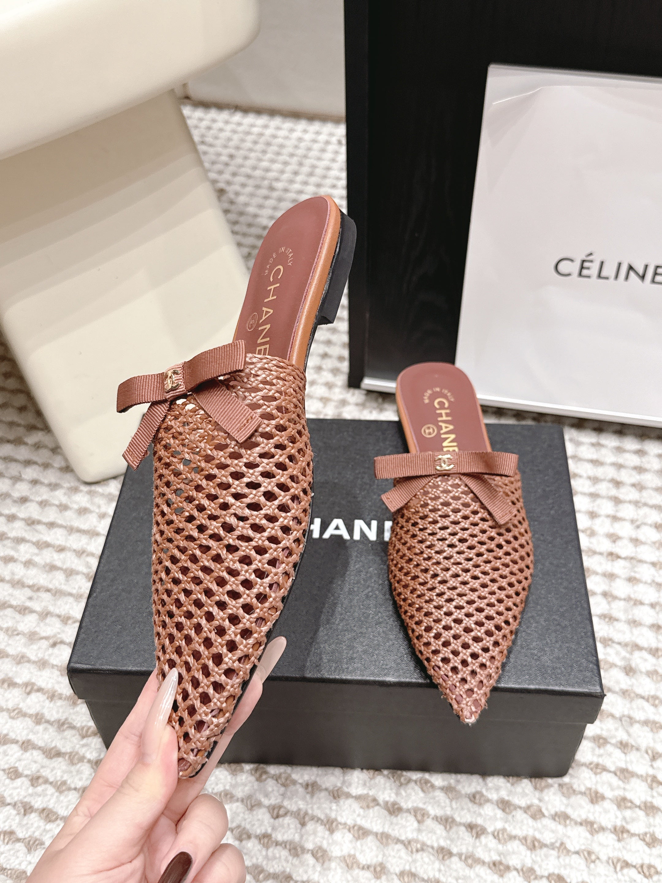CHANEL 26S POINTED-TOE MULES IN DUSTY PINK MESH