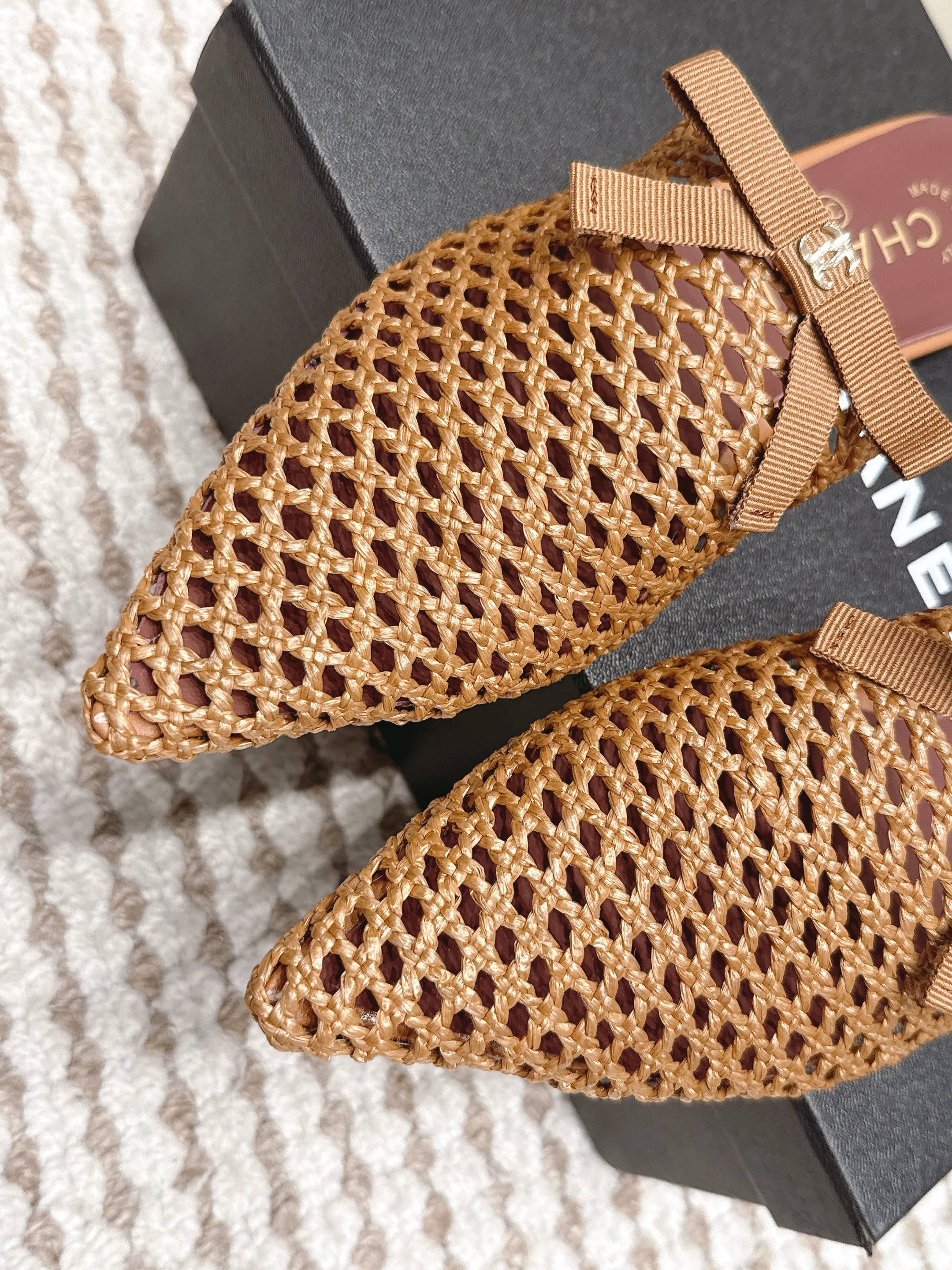 CHANEL 26S POINTED-TOE MULES IN CAMEL BROWN MESH