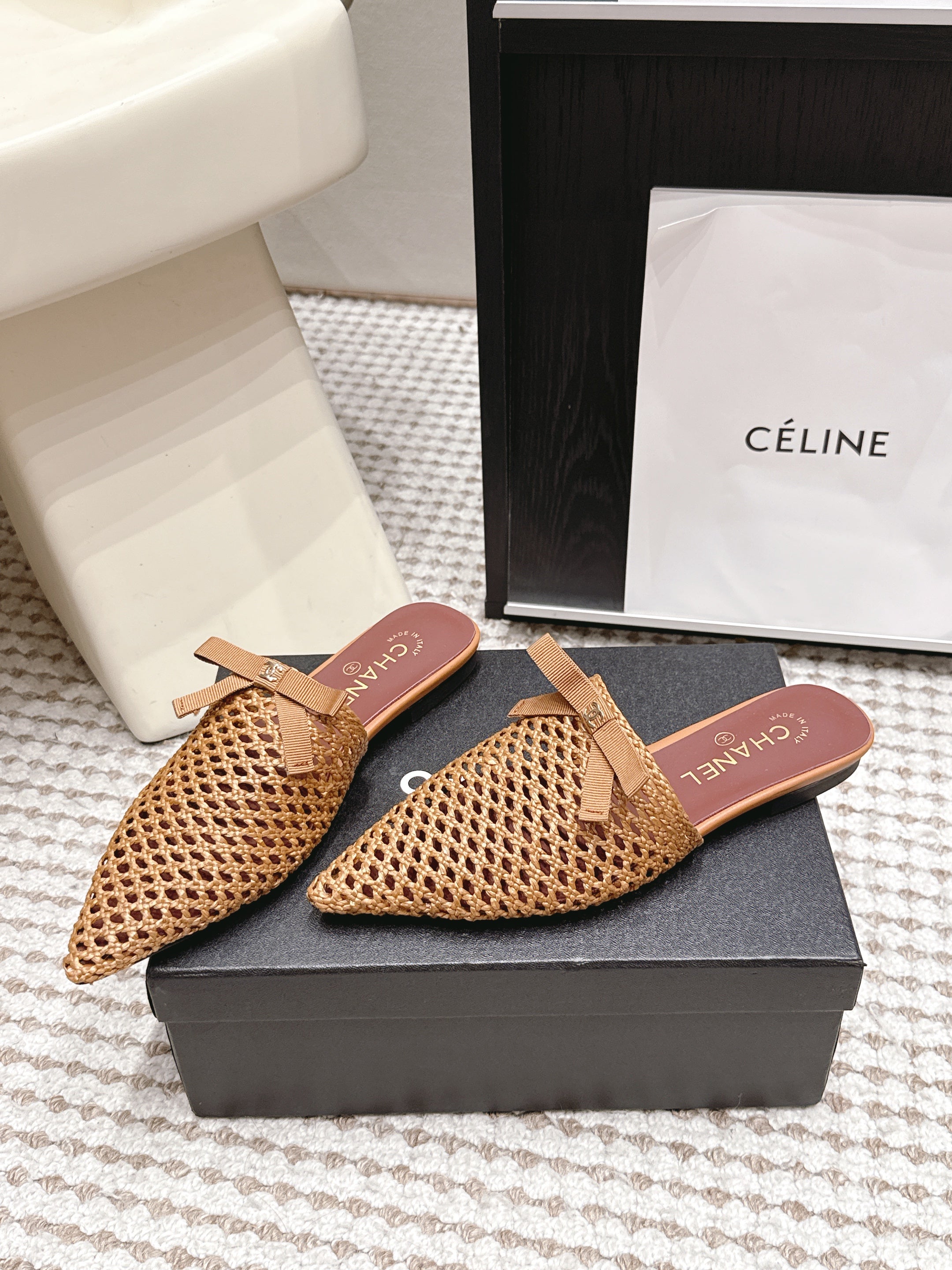 CHANEL 26S POINTED-TOE MULES IN CAMEL BROWN MESH