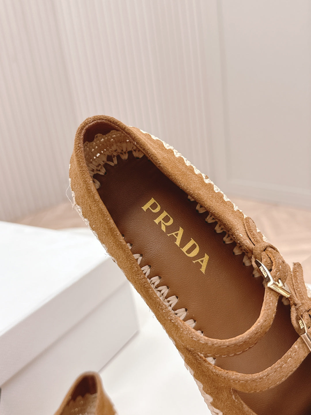PRADA 26S MARY JANE ESPADRILLES SHOES IN CARAMEL BROWN SUEDE WITH LOGO